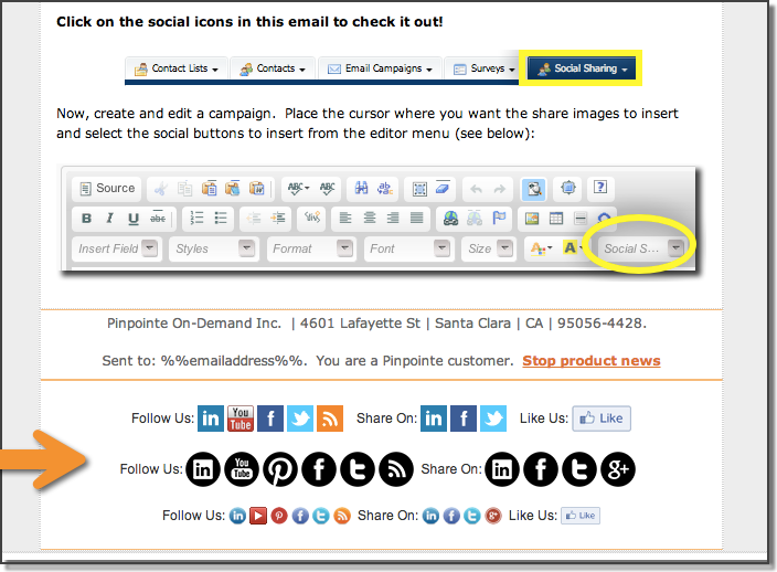 Make Email Campaigns Social with Pinpointe.  Just 1 click to add social sharing 