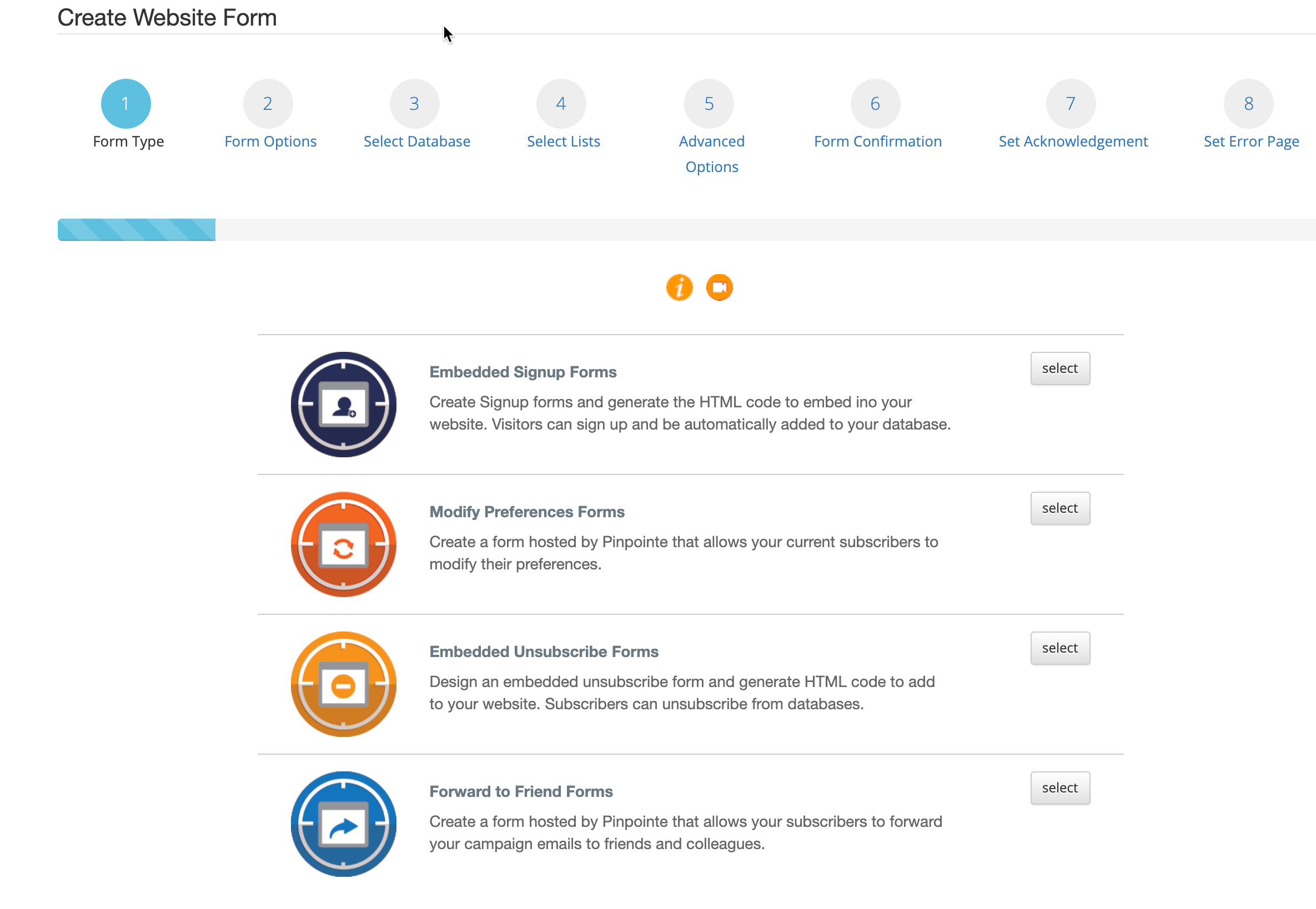 Select what type of embedded form to create - Pinpointe