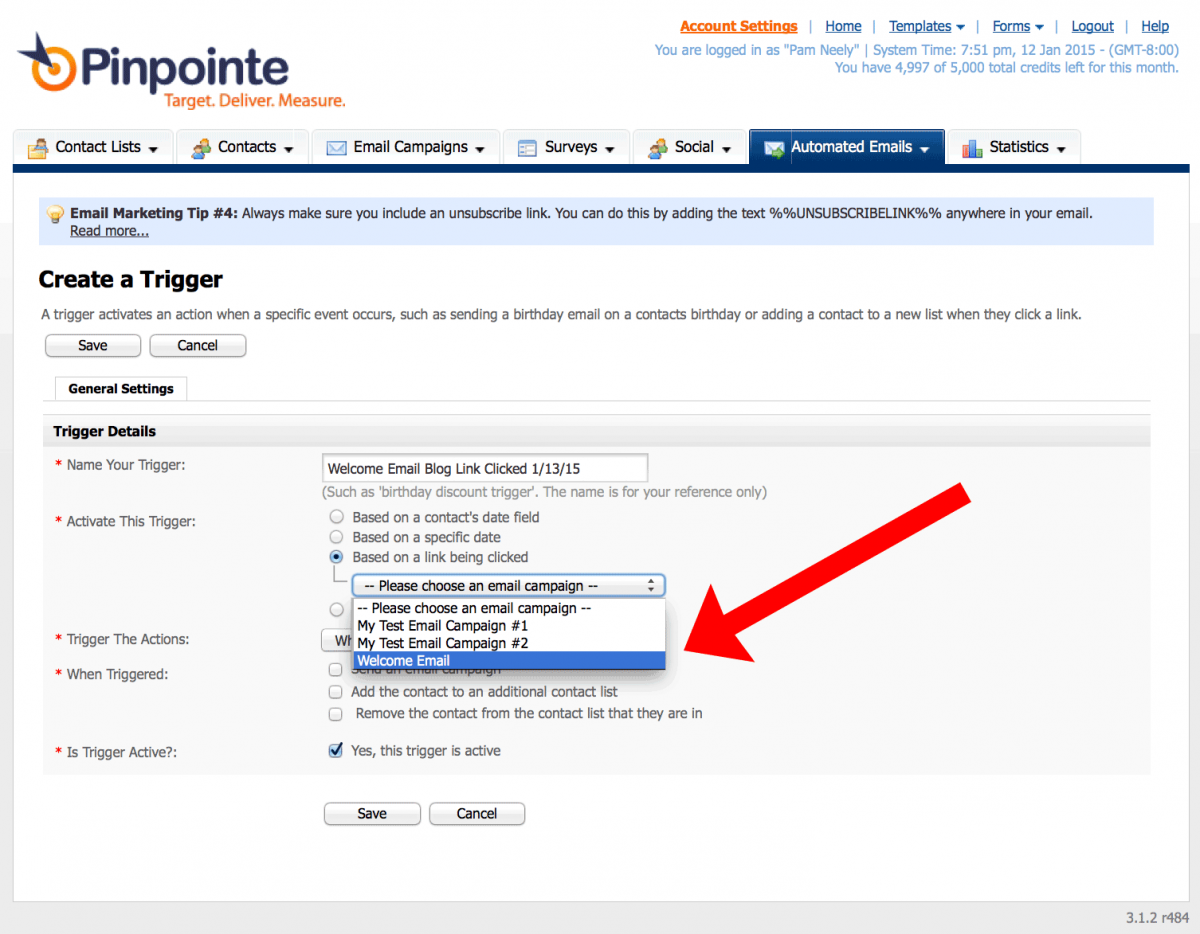 how to set up an email trigger in pinpointe