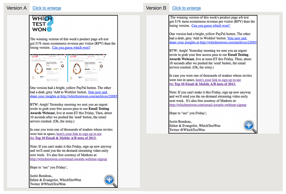 The HTML version of this test got 11.2% more clickthroughs than the text version. 