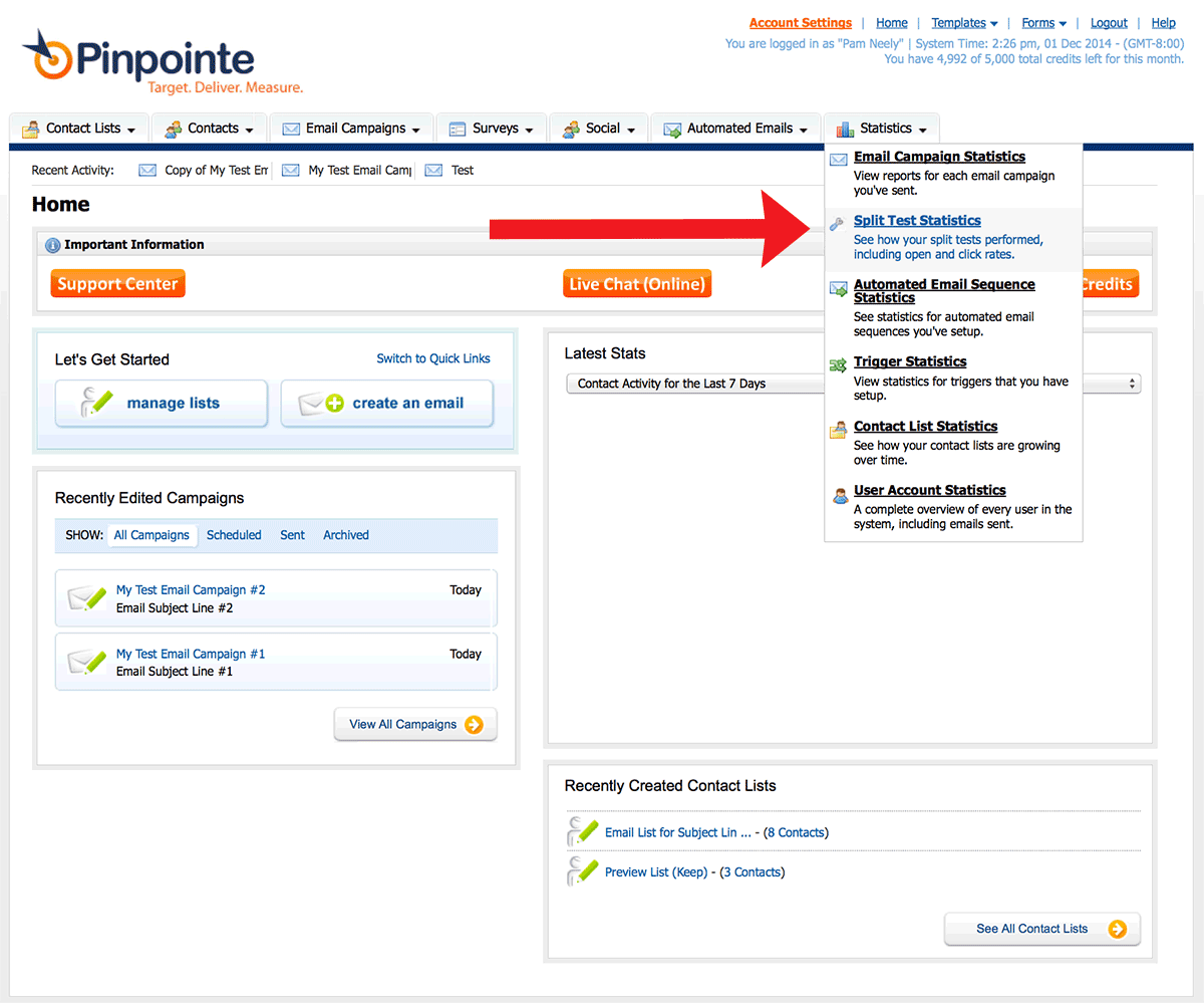 how to find the results of your ab split testing in your pinpoint account, step 1