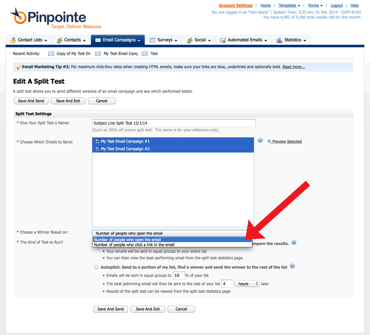 do you want to measure a winning test cell by opens or clicks?