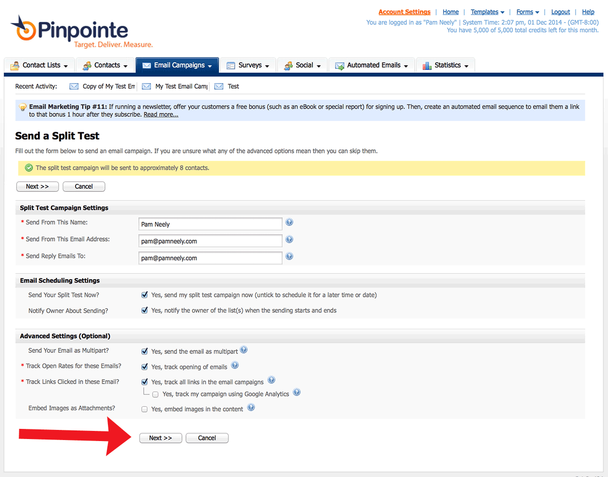 this page shows the email campaign settings and email analytics settings