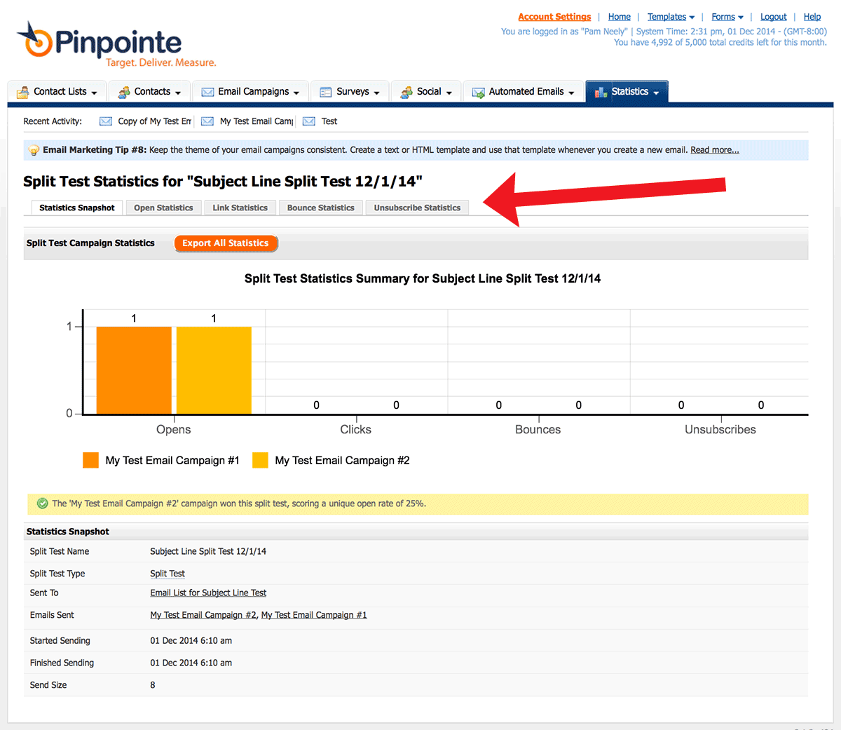 the detailed view of your ab split testing results