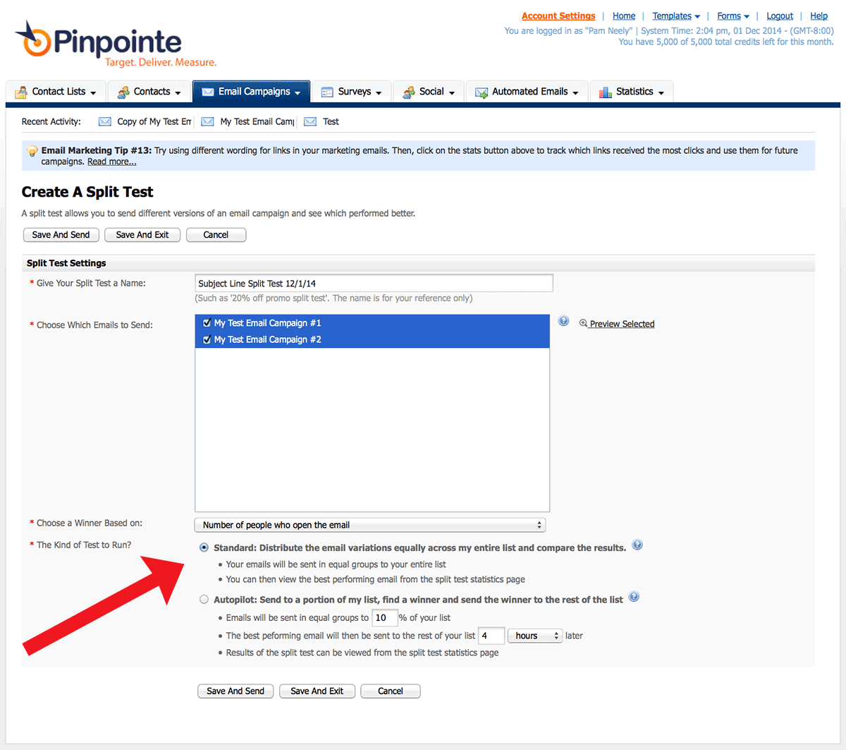 how to decide between standard and autopilot split test settings in Pinpointe