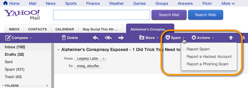 The spam complaint button in yahoo mail.