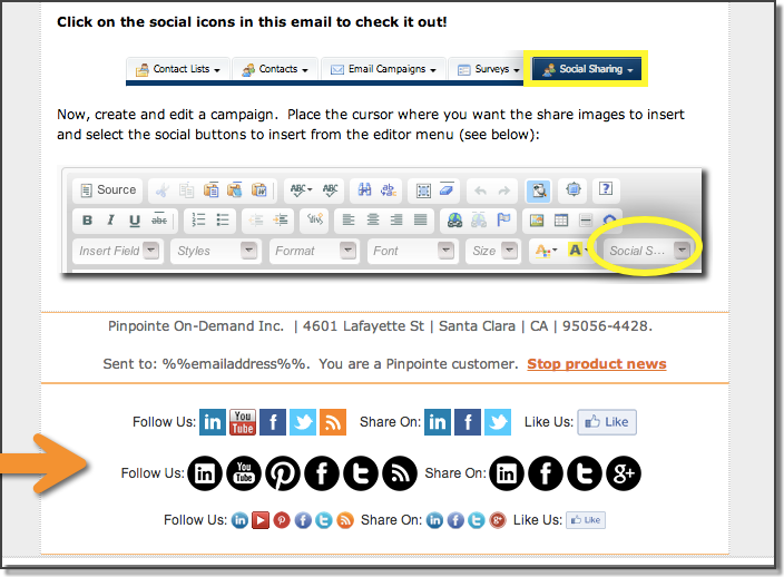 Make Email Campaigns Social with Pinpointe. Just 1 click to add social sharing 